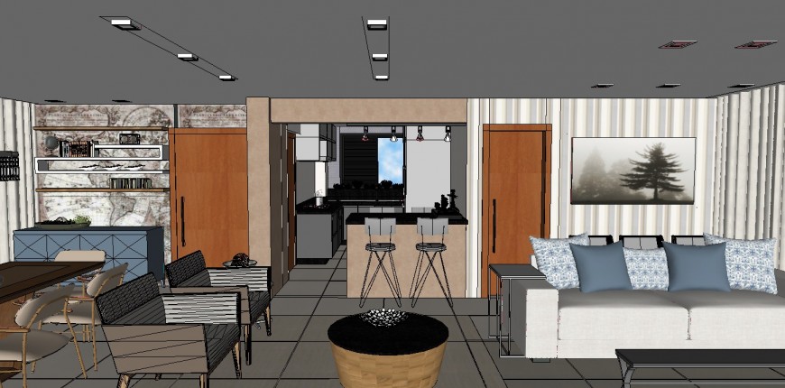 3d interior model of dining, drawing room area and kitchen area layout sketch-up file